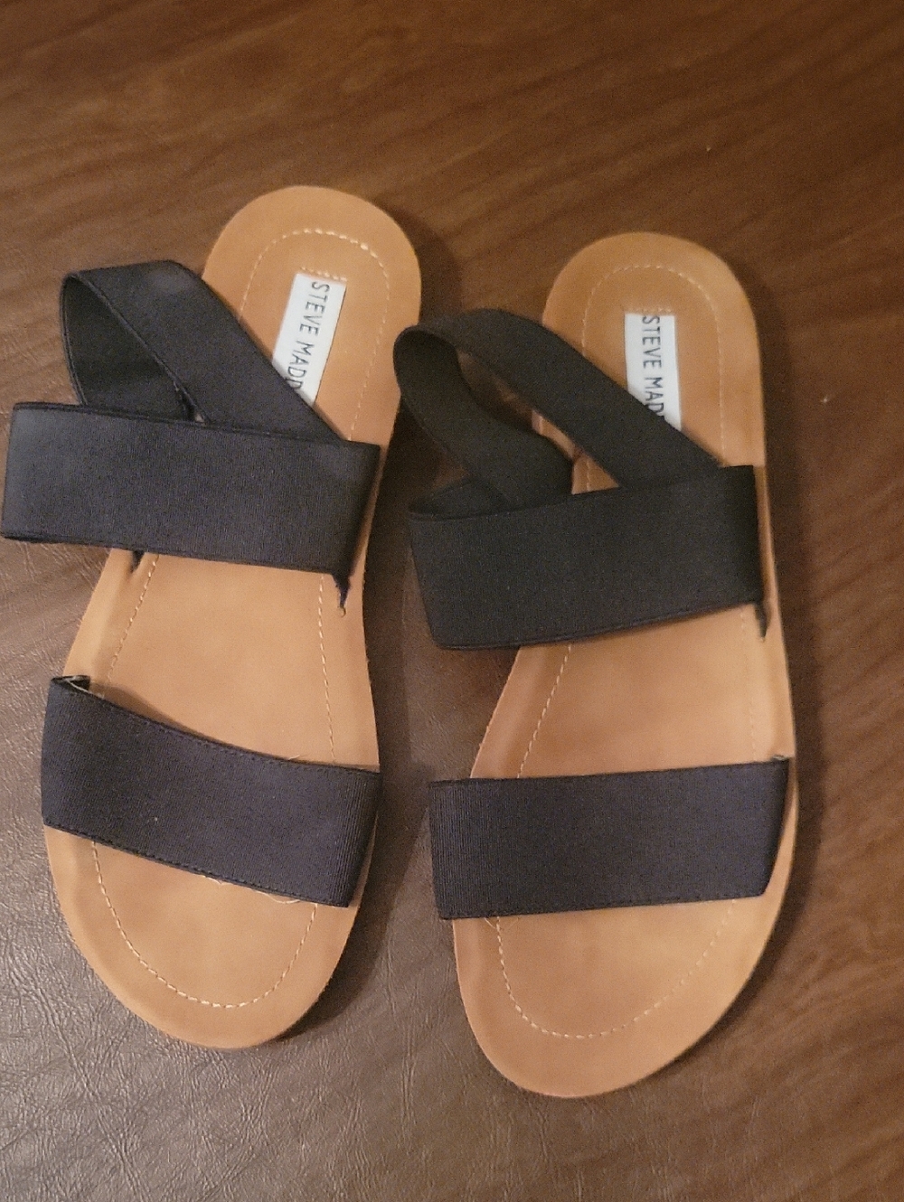 Steve Madden Black Double-Strap Slide Sandals with Tan Footbed